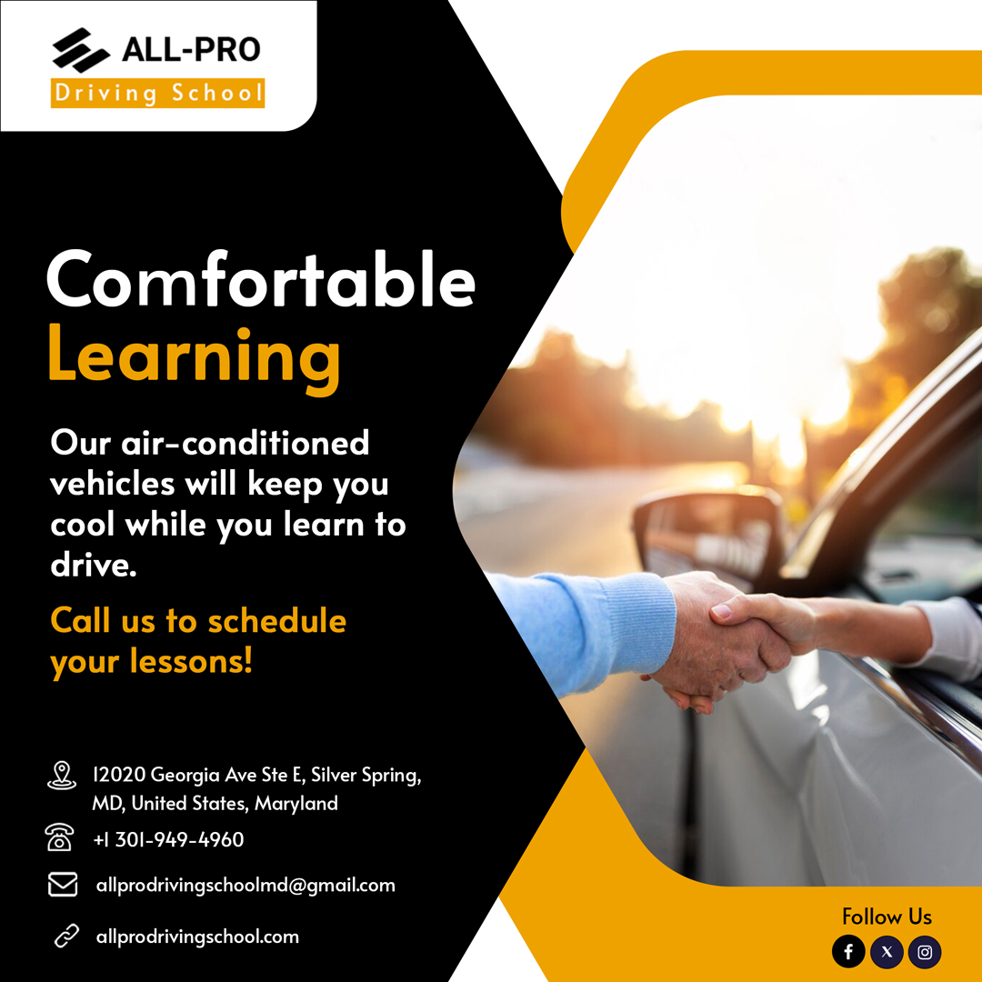 allprodrivingmd's tweet image. Comfortable Learning: Our air-conditioned vehicles will keep you cool while you learn to drive. Call us to schedule your lessons!

Visit Here : allprodrivingschool.com
☎️ 301-949-4960
📧 allprodrivingschoolmd@gmail.com

#AllProDrivingSchool #ComfortableLearning #DrivingLessons