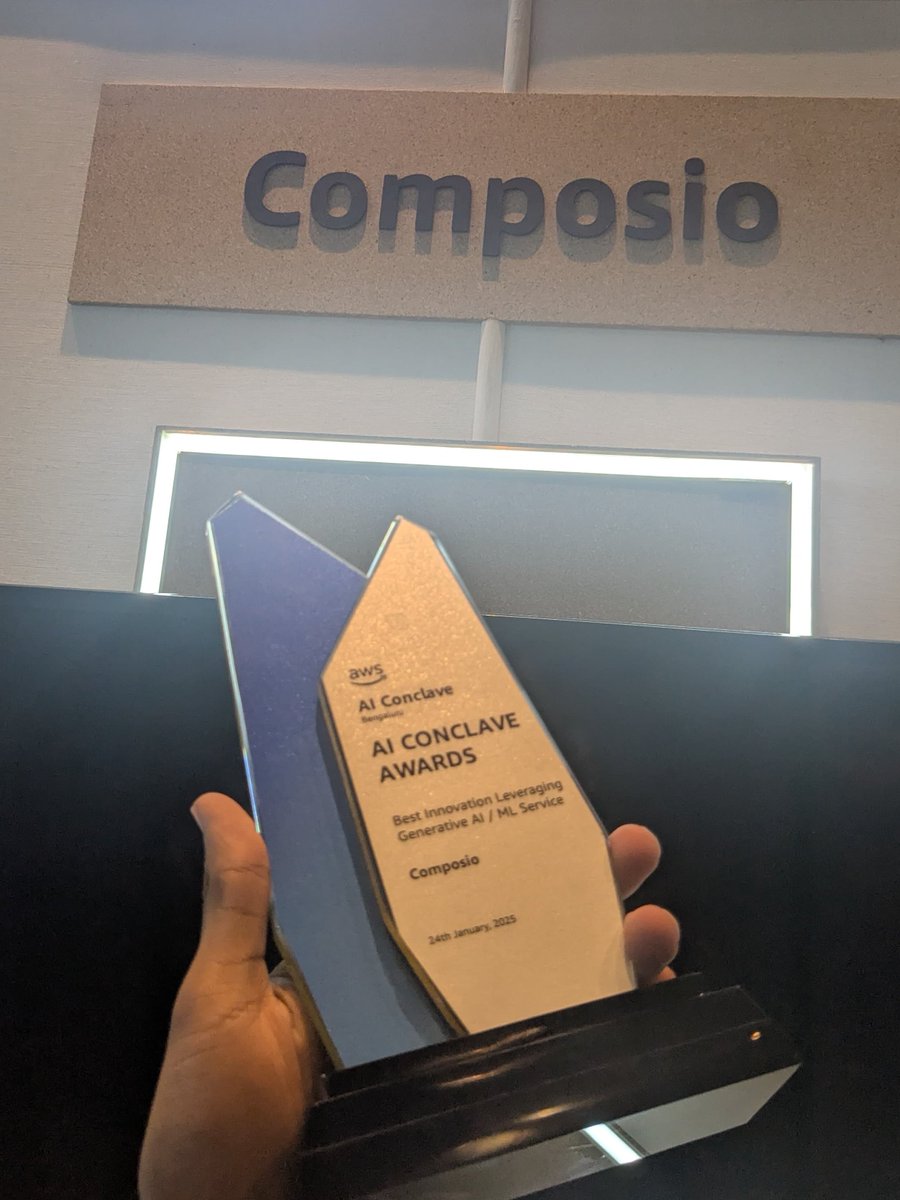 composio's tweet photo. Another win for the team! 🚀🏆

Huge shoutout to @awscloud for the recognition—moments like these keep us motivated to keep building and innovating. Let’s keep the momentum going! 💪 https://t.co/QZT6pdxUHA
