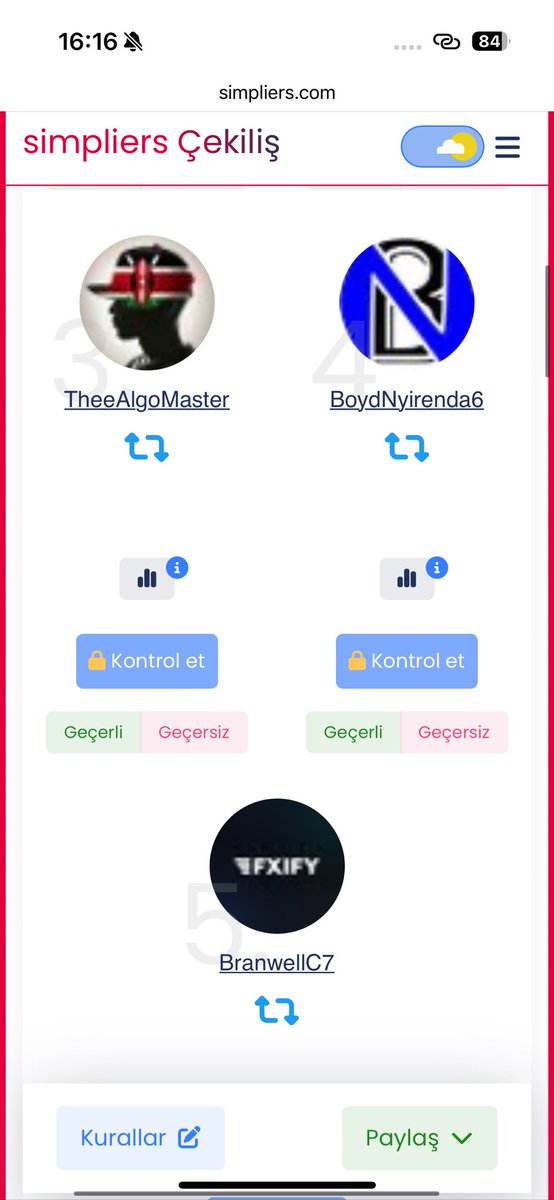 Winners 🎉🎉

simpliers.com/tr/cekilis/son… don’t forget the check 

Don’t forget the sent message to @GoldFunded 

@SopaLine6 <a href="/Traderkoclok/">Pejuang timur</a> @TheeAlgoMaster <a href="/BoydNyirenda6/">NB</a> 
<a href="/BranwellC7/">Branwell cole</a>