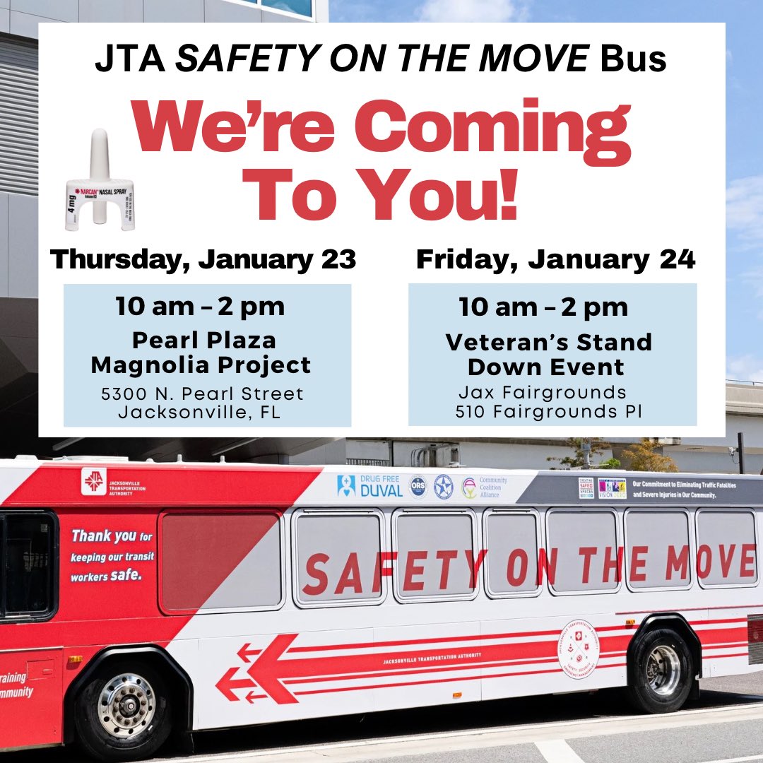 🚍<a href="/JTAFLA/">Jacksonville Transportation Authority (JTA)</a> “Safety on the Move” bus will be at Veterans Stand Down Event - Jax Fairgrounds! Come let DFDJax train you on the Signs of Opioid Overdose and Narcan administration and receive a FREE Narcan kit!  More info visit drugfreeduval.org/safety-on-the-… <a href="/CityofJax/">City of Jacksonville</a> <a href="/wjxt4/">News4JAX</a>