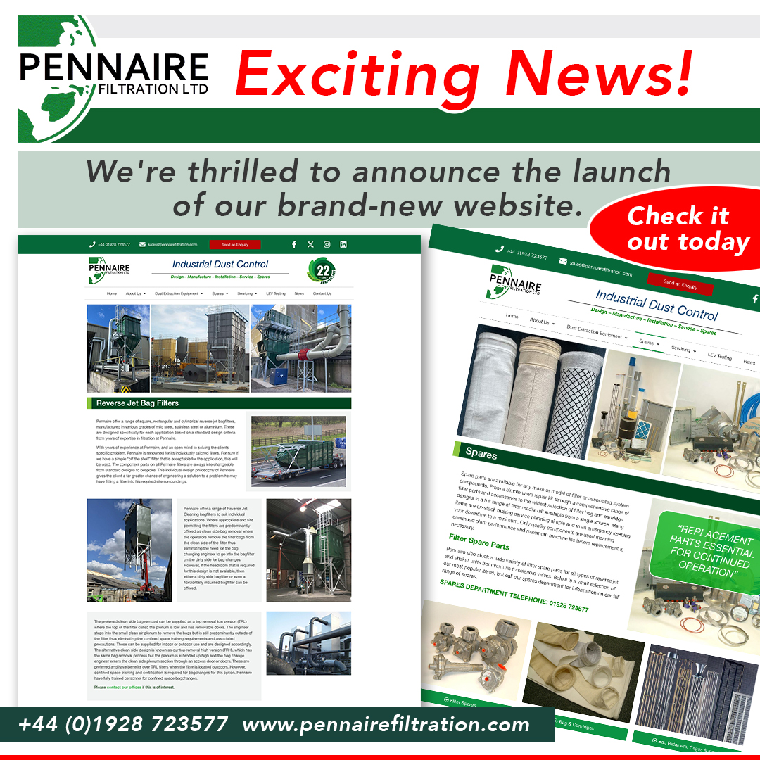 Exciting News: Our new website is live! Explore pennairefiltration.com for a sleek look, easy navigation, project showcases, and the latest updates. Discover how we enhance air quality, efficiency, and safety. #WebsiteLaunch #DustControl #FiltrationSolutions