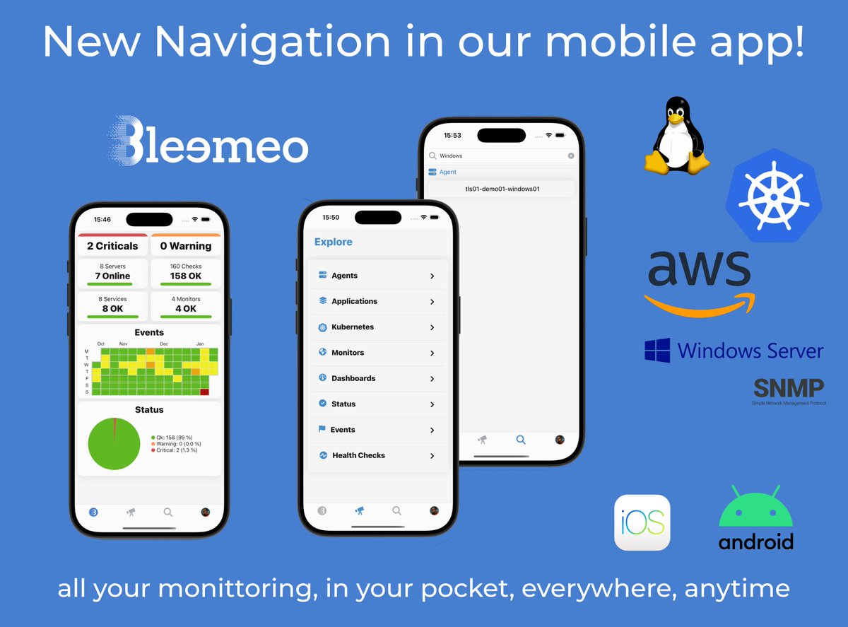 🚀 The Bleemeo mobile app just got a brand-new design with new sections! 🎉 AWS, Applications, Kubernetes, and network monitoring are now available in addition to servers and monitors views already there... 🌐📱 ✨ #Monitoring #DevOps
