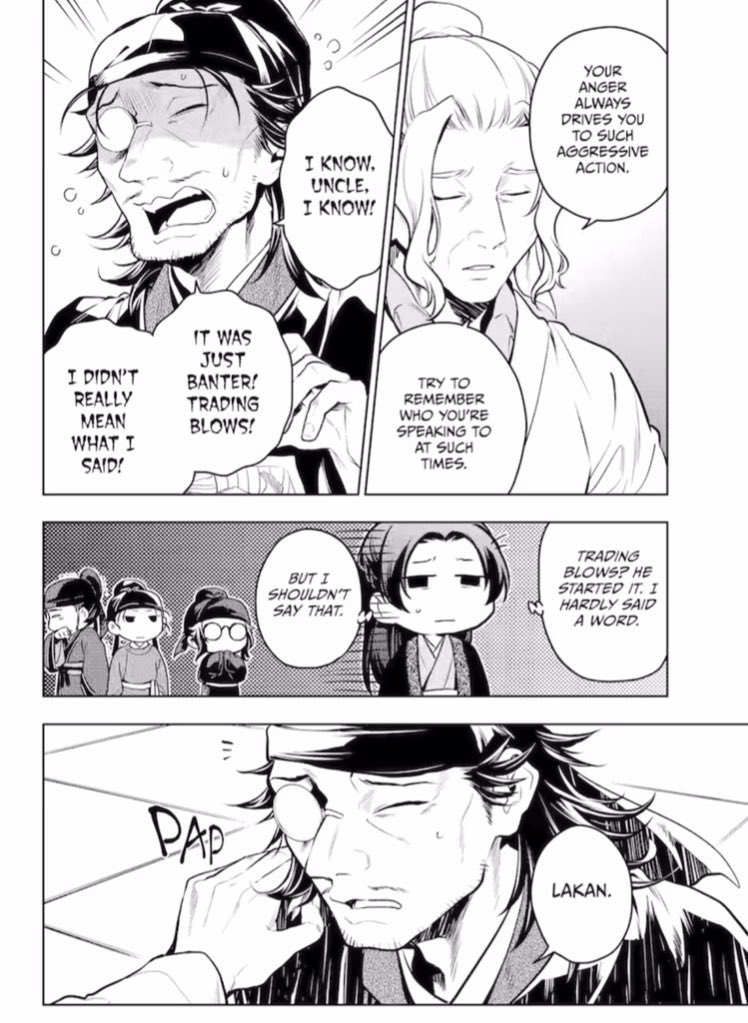 Yonaluvss's tweet image. The apothecary diaries chapter 78.2 spoilers

LMAO Lakan was stressing out when Luomen heard him talking about Jinshi being a eunuch and Luomen started teasing him to make him feel bad 😭