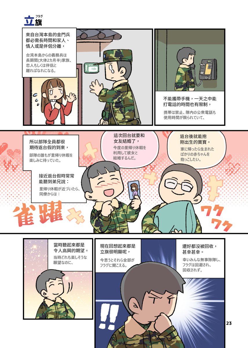 一年+数月間の金門島での義務兵役を経て、いよいよ除隊の日が近づくと、皆口々に除隊後のやりたいことを話し合います:「地元にカフェを経営したい」「早く生まれたばかりの娘の顔を見たい」と。
自分はオタクですから、それを聞いて、ずっと震えています。