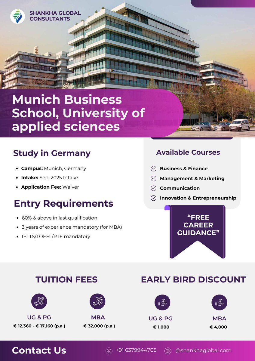 shankhaglobal's tweet photo. #StudyinGermany | #MunichBusinessSchool - University of #appliedsciences

👉🏻 Campus- #Munich, #Germany
👉🏻 Intake: Sep. 2025 Intake
👉🏻 #ApplicationFee: Waiver

To know more check our link in Bio, https://t.co/dPTEAyoues.

#StudyAbroad #CareerGoals #globalcitizens https://t.co/vMxe0cp19b
