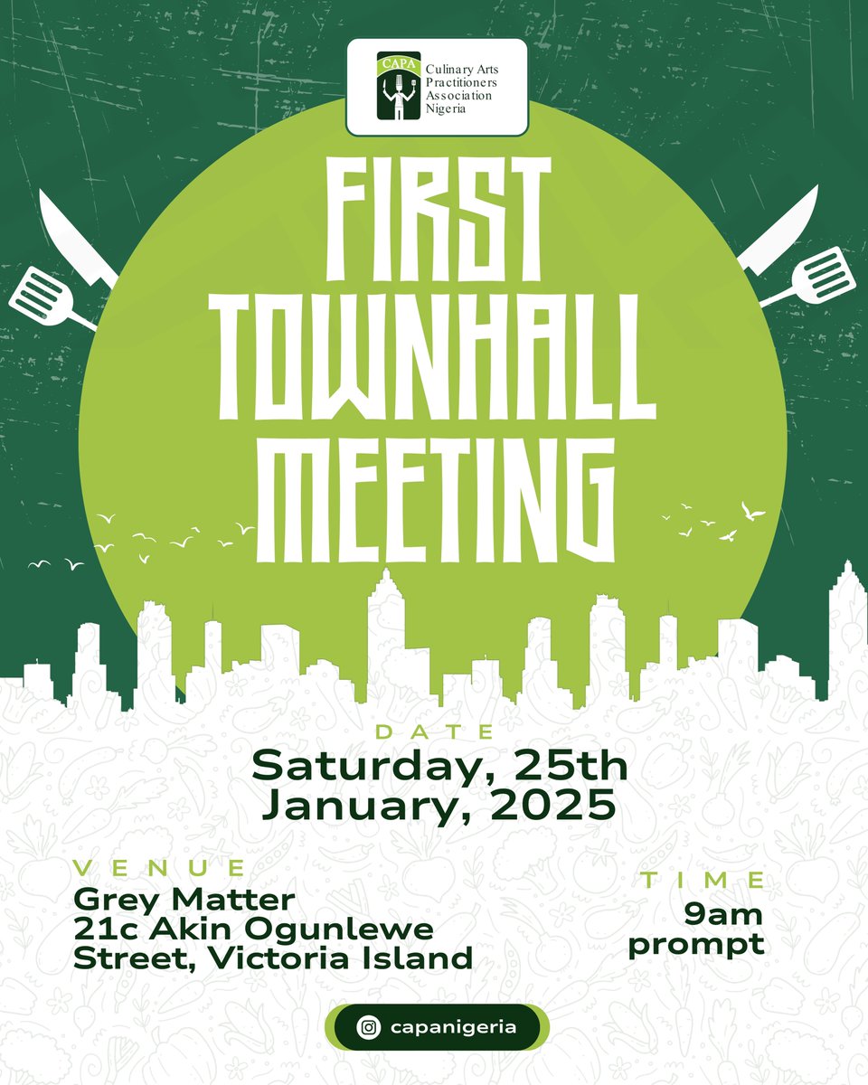 If you are a Nigerian Chef, I would love you to attend our Townhall meeting tomorrow 25th  January by 9am.

CAPA Nigeria wants to hear you &amp; connect with you and your presence means alot. Link for online would be shared shortly
Click this link to register

forms.gle/6UL4VyQDHBHqx5…
