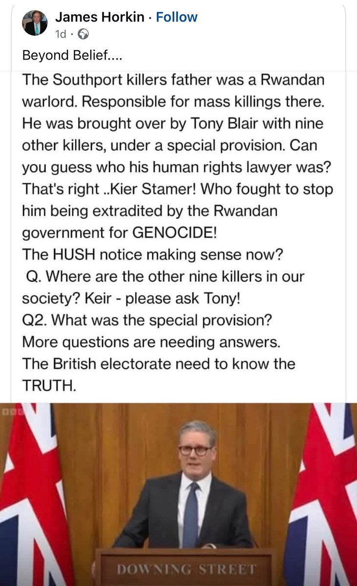 JimFergusonUK's tweet image. 🚨 BREAKING: The TRUTH is surfacing, and it’s chilling. 🚨

Keir Starmer defended the father of the Southport killer—a Rwandan warlord linked to genocide. Under Tony Blair, he was brought to the UK alongside 9 other alleged killers under a “special provision.” Starmer fought to…