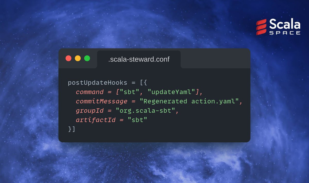 ScalaSpace's tweet photo. Did you know that Scala Steward can also run custom steps using postUpdateHook when added to .scala-steward.conf.
In the below  snippet, whenever sbt updates, Scala Steward will run sbt updateYaml command after the update and commit the changes. https://t.co/iDF4K0erB7