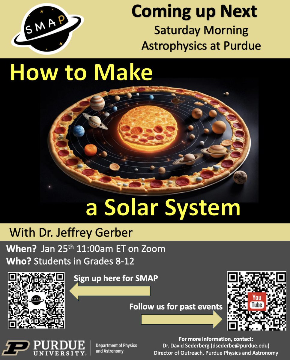 Purdue Physics&Astro (@purduephysastro) on Twitter photo Coming up tomorrow at 11:00 AM Jan 25, Saturday Morning Astrophysics at Purdue (SMAP)! Sign up here 👉: purduesci.com/4ay5quR
SMAP is one of our flagship programs in <a href="/PurduePhysAstro/">Purdue Physics&Astro</a> Outreach. It offers remote programming for students in grades 8 through 12. Coming up tomorrow at 11:00 AM Jan 25, Saturday Morning Astrophysics at Purdue (SMAP)! Sign up here 👉: purduesci.com/4ay5quR
SMAP is one of our flagship programs in <a href="/PurduePhysAstro/">Purdue Physics&Astro</a> Outreach. It offers remote programming for students in grades 8 through 12.