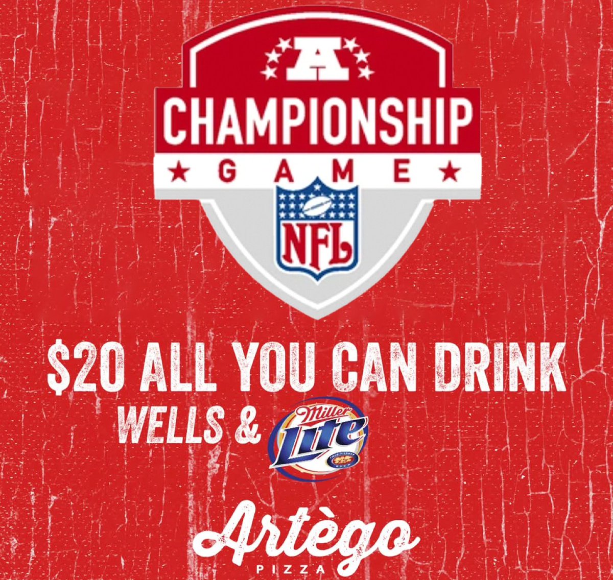 This Sunday at 4pm!
$20 ALL U CAN DRINK!
Wells and Miller Lite Drafts!
. 
#chiefs #ChiefsKingdom #kcchiefs #kc #kcmo #kclocal #kansascity