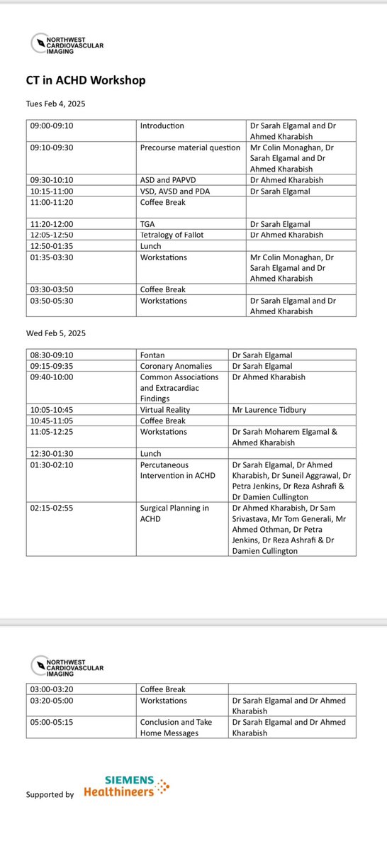 Only 10 days till the #CT in #ACHD workshop 04-05/02 Spine, Liverpool.

Online with a few seats are still available for in person.

Final programme 👇
For  #ACHD Trainees &amp; Consultants + #CVImaging (Cardiology and Radiology) Trainees &amp; Consultants.
To register info@nwcvi.co.uk