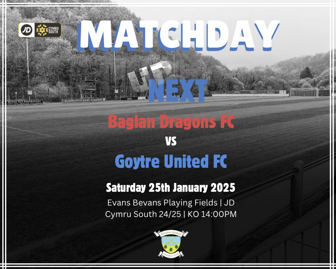 ⚽️ | MATCHDAY 

This weekend, we are away from home in the league, as we take a short trip down to face <a href="/BaglanDragons/">Baglan Dragons</a>. 

We look forward to your support🔵

🗓️25.01.2025
⏰ 14:00PM KO
📍Evans Bevans Playing Fields 

#UppaGoyt!