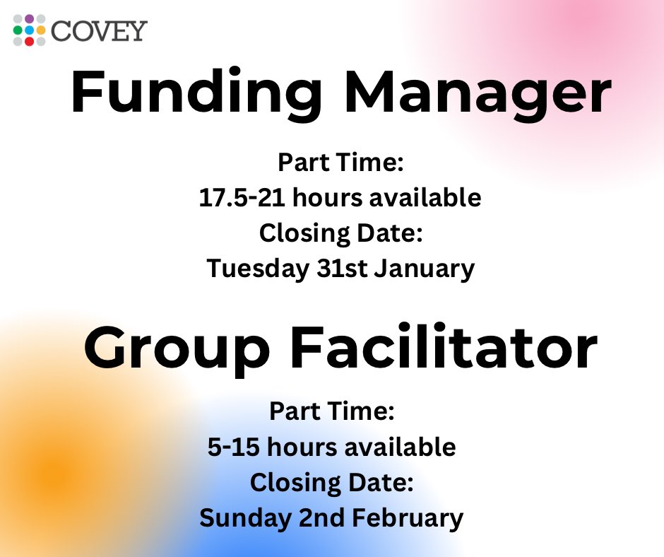 COVEYBFriending's tweet photo. There’s still time to apply for these great opportunities to join the COVEY team!
Funding Manager
https://t.co/6CJ5ukfUHU
Group Facilitator
https://t.co/jojQzeg4xd
#LanarkshireJobs #thirdsectorjobs #fundingmanager #fundingmanagervacancy #groupfacilitator https://t.co/pCila8d0dd