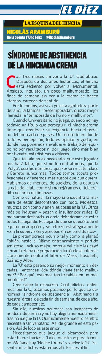 Hoy se acaba la espera, hoy juega la U. Les dejo mi artículo ayer en <a href="/eldiezperu/">Diario El Diez</a>