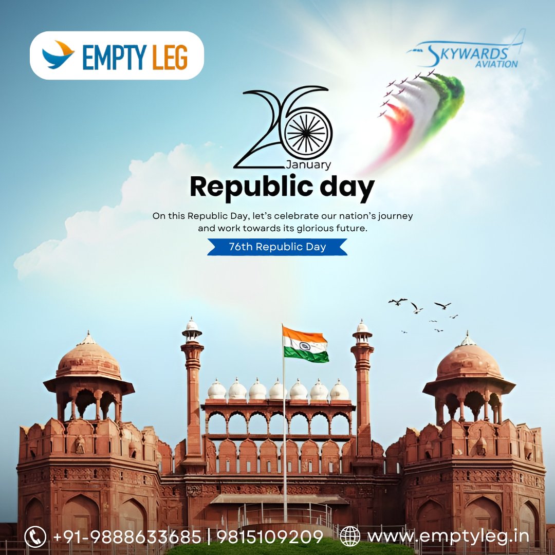 EmptyLeg1's tweet image. This Republic Day, let’s soar high with pride, unity, and freedom! 🛫✨ EMPTY LEG wishes everyone a day filled with patriotic spirit and the hope to achieve greater heights together. Happy Republic Day! Jai Hind! 

#RepublicDay2025 #EmptyLeg #FlyWithPride #FreedomInTheSkies