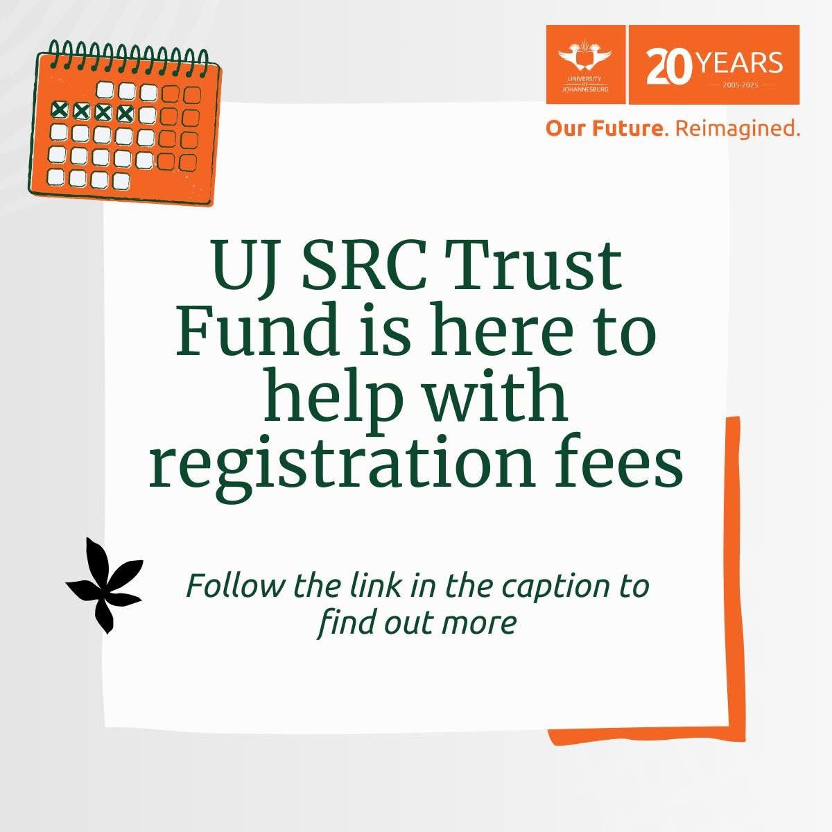 Need help with your registration fee?  🎓💼 The UJ SRC Trust is here to make your academic journey smoother. Don’t sleep on this—click the link below and secure your future! ✨ <a href="/UJSRC2024/">UJ Central SRC</a> 
👉 uj.ac.za/admission-aid/…

#UJ20 #UJAllTheWay  #financialaid