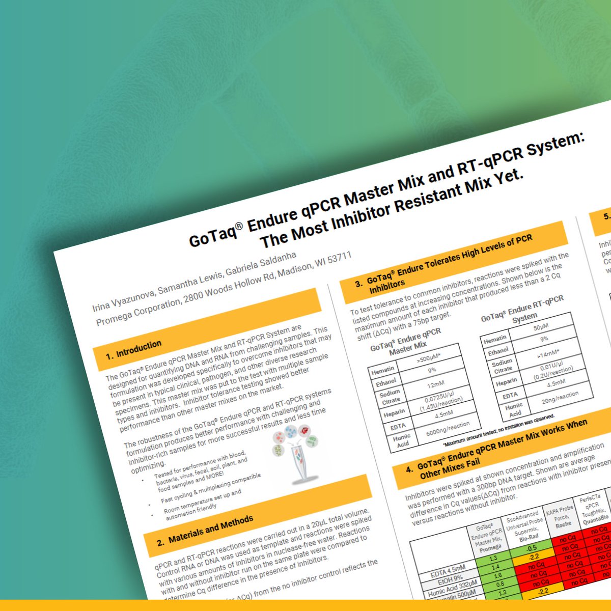 PromegaIreland's tweet photo. Download our latest poster to discover how the GoTaq® Endure #qPCR Master Mix and RT-qPCR System is designed to work with challenging samples

Formulated to overcome inhibitors found in blood, soil, bacteria, and more, learn more about GoTaq® Endure: https://t.co/mm5aqoLBlR

#PCR https://t.co/HOeP7PCrrH