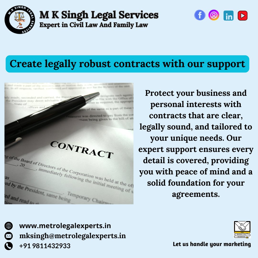 MksinghL's tweet photo. 🔐 Secure Your Agreements with Confidence

📞 Contact us today to get started:
🌐 https://t.co/IehrH8b4xT
📧 mksingh@metrolegalexperts.in
📱 +91 9811432933
#LegalServices #ContractManagement https://t.co/tFK2C3hsBD