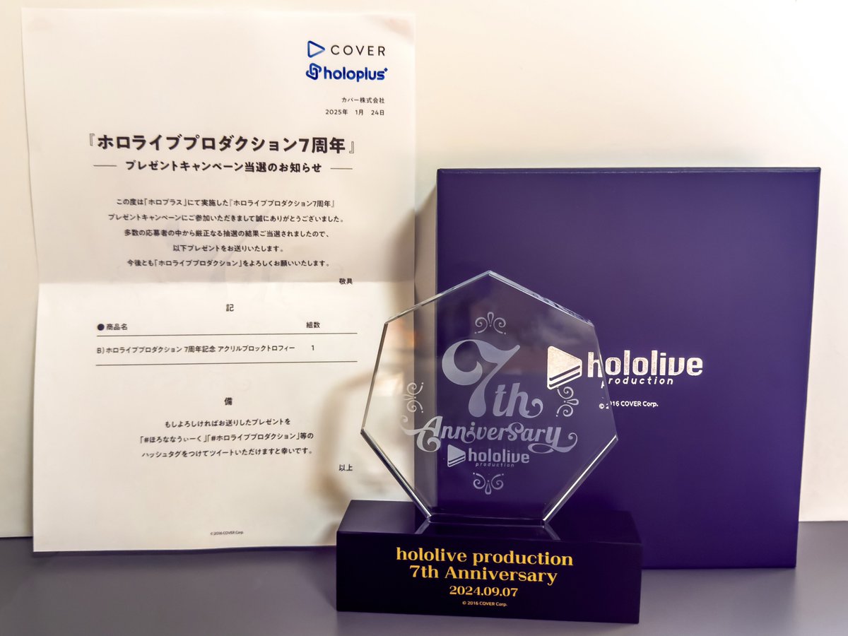 ホロプラスの当選品が届いた！ ホロライブ7周年記念トロフィー 