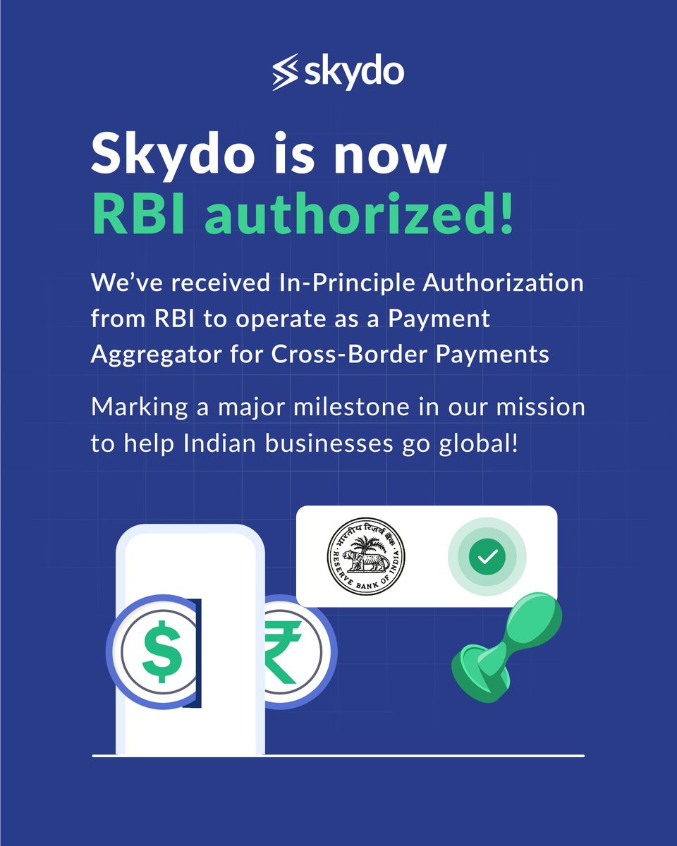 We’re thrilled to share that Skydo has received In-Principle Authorisation from the RBI to operate as a Cross-Border Payment Aggregator (PA-CB)! 

(1/2)