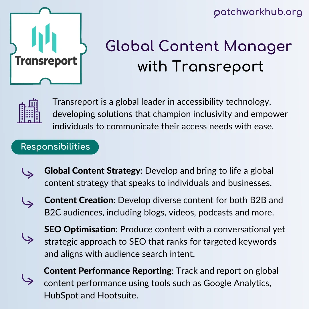 Global Content Manager with Transreport. Key responsibilities listed in bullet points include: Global content strategy, content creation, SEO optimisation, and content performance reporting. 