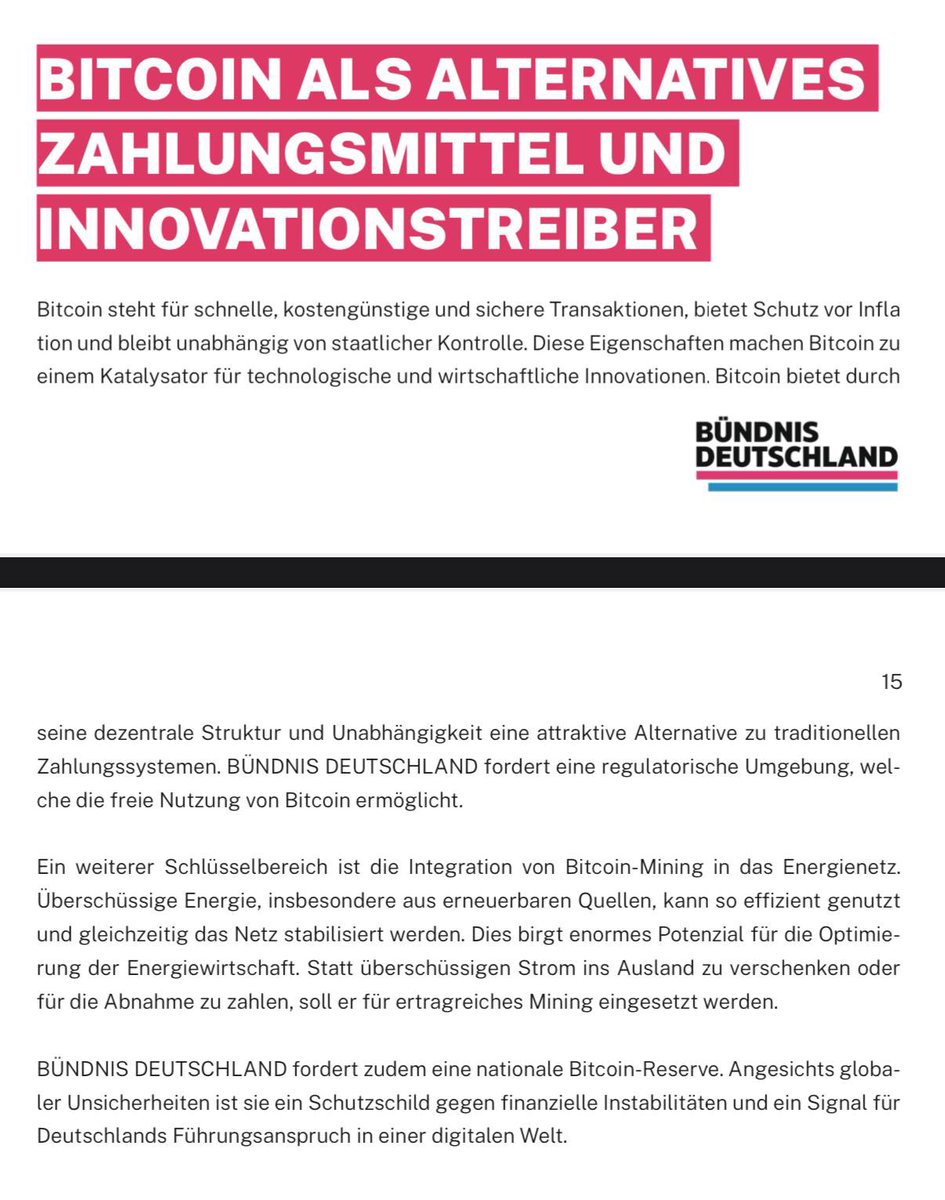 Da der <a href="/btcverband/">Bitcoin Bundesverband</a> heute die Wahlprüfsteine der großen Parteien bezüglich Bitcoin veröffentlicht hat, ist die Haltung einer kleineren Partei, nämlich die vom <a href="/buendnisde/">BÜNDNIS DEUTSCHLAND</a> ganz spannend. Das Bündnis hatte auch den Pro-Bitcoin Antrag in Bochum eingebracht. Wir erinnern uns. 😄