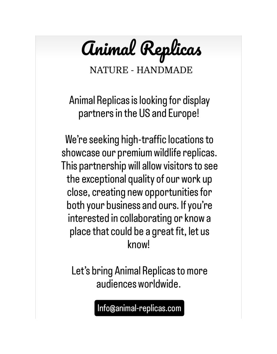animalreplicas's tweet photo. Animal Replicas is looking for display partners in the US and Europe! We’re seeking high-traffic locations to showcase our premium wildlife replicas. 

Info@animal-replicas.com https://t.co/bsGS4lYy4H