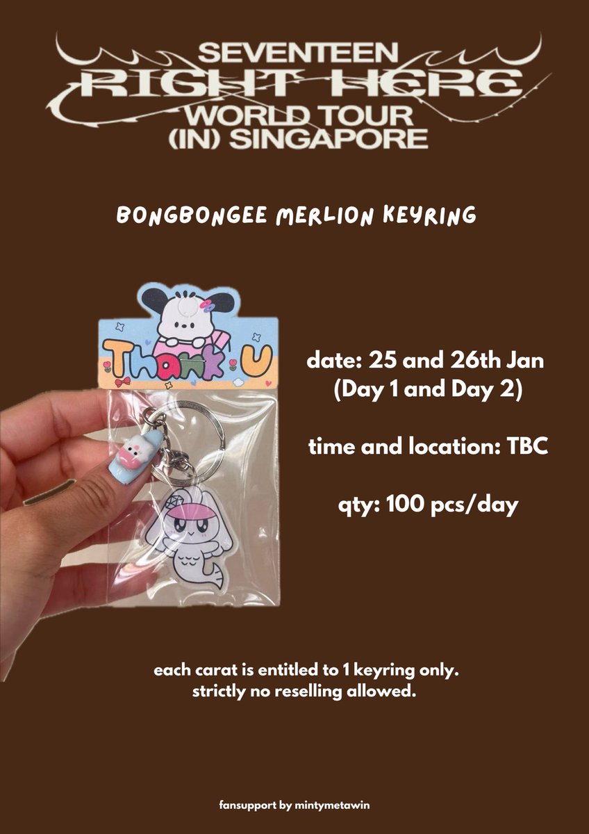 fansupport for seventeen right here in singapore✨🇸🇬

🗓️ 25 and 26 jan 2025 (day 1 and 2)
📍 exact location tba
⏰ tba

✨each carat is entitled to ONE keyring
✨ no reselling/ throwing away

hope to see y’all there!

#SEVENTEEN_RIGHT_HERE_IN_SINGAPORE