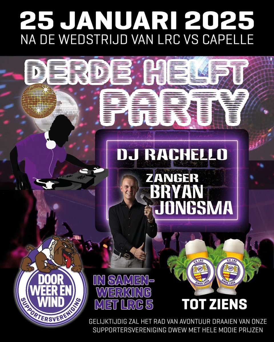 Zaterdag na de wedstrijd tegen Capelle zetten we samen met DJ Rachello en Bryan Jongsma de kantine op z'n kop!
Derde Helft Party, leuk voor iedereen. Mis het niet!