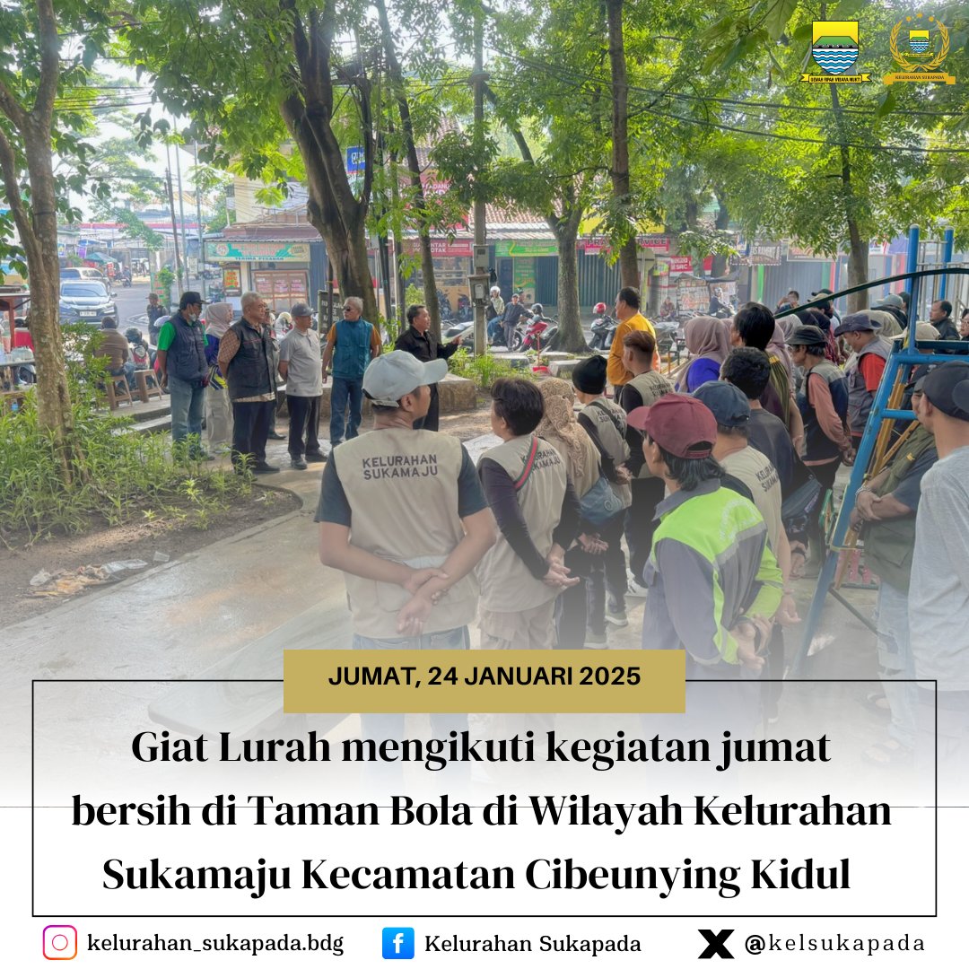 KelSukapada's tweet photo. Giat Lurah Sukapada bersama Seluruh ASN Se Kecamatan Cibeunying Kidul mengikuti kegiatan jumat bersih di Taman Bola di Wilayah Kelurahan Sukamaju Kecamatan Cibeunying Kidul.
Jumat, 24 Januari 2025
#kelurahansukapada #cibkidtersenyum https://t.co/witKFl5k1S