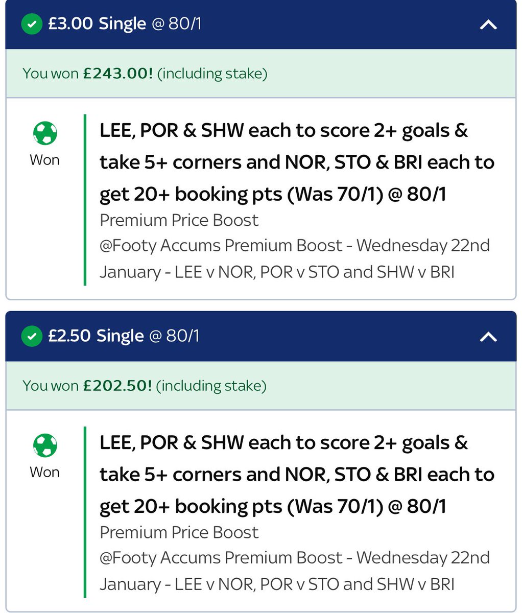 johnga11's tweet photo. @FootyAccums Put it on twice by mistake 😂 https://t.co/SRIAFP3tr2