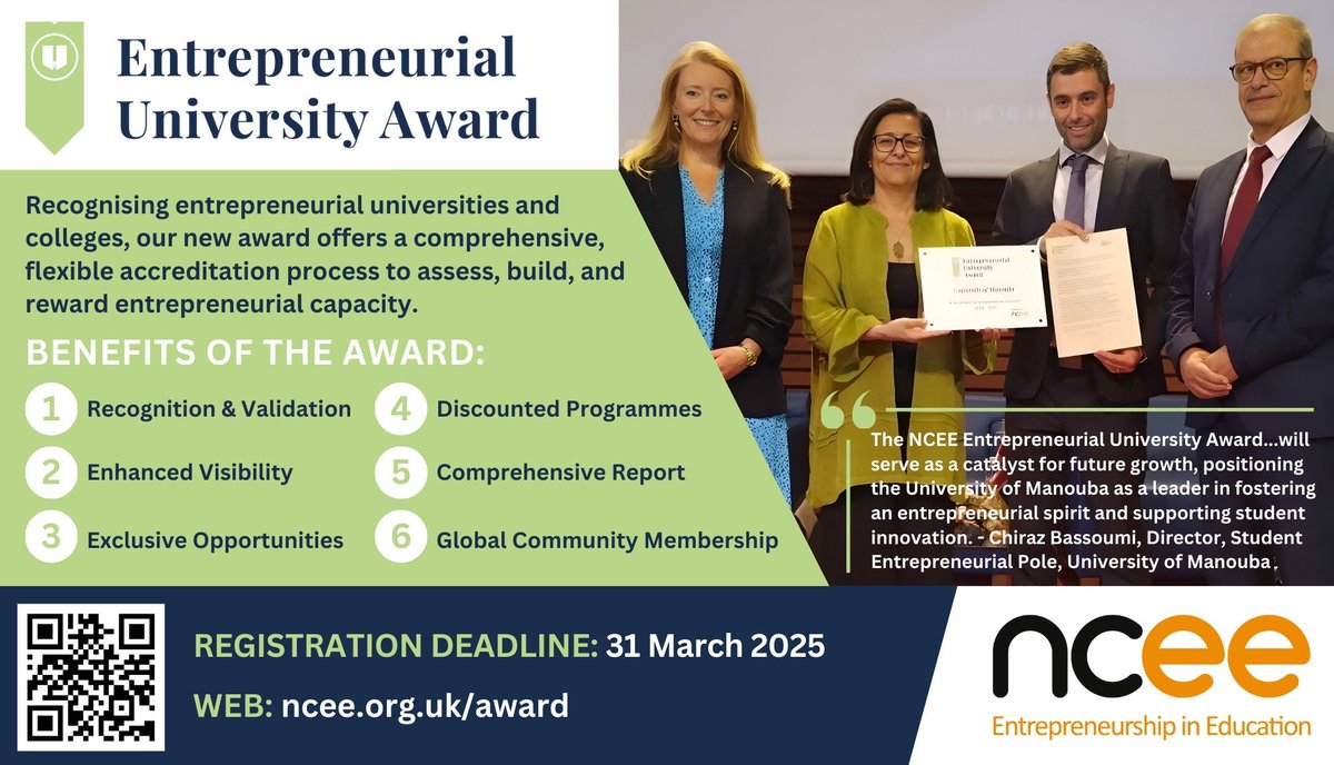 Helping universities lead in innovation and tackle big challenges. 🌍 Join the NCEE Award to showcase your achievements and become part of a global network. Learn more and apply today: eu1.hubs.ly/H0g4WM50

#HigherEducation #EntrepreneurialUniversity #Entrepreneurship