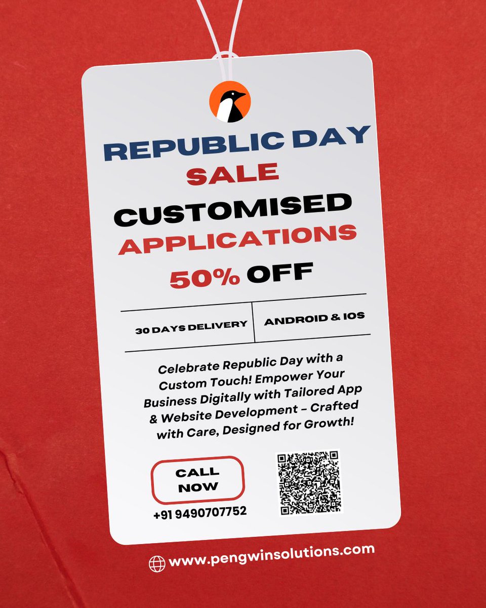 PengwinSOLN's tweet image. 🎉 This Republic Day, take a leap towards digital growth! 🇮🇳
Get 50% OFF on Customized Applications – Android &amp;amp; iOS! 🚀
#PengwinSolutions #RepublicDayOffer #CustomApps #DigitalSolutions #BusinessGrowth #MobileAppDevelopment #WebsiteDevelopment #DigitalTransformation #offers