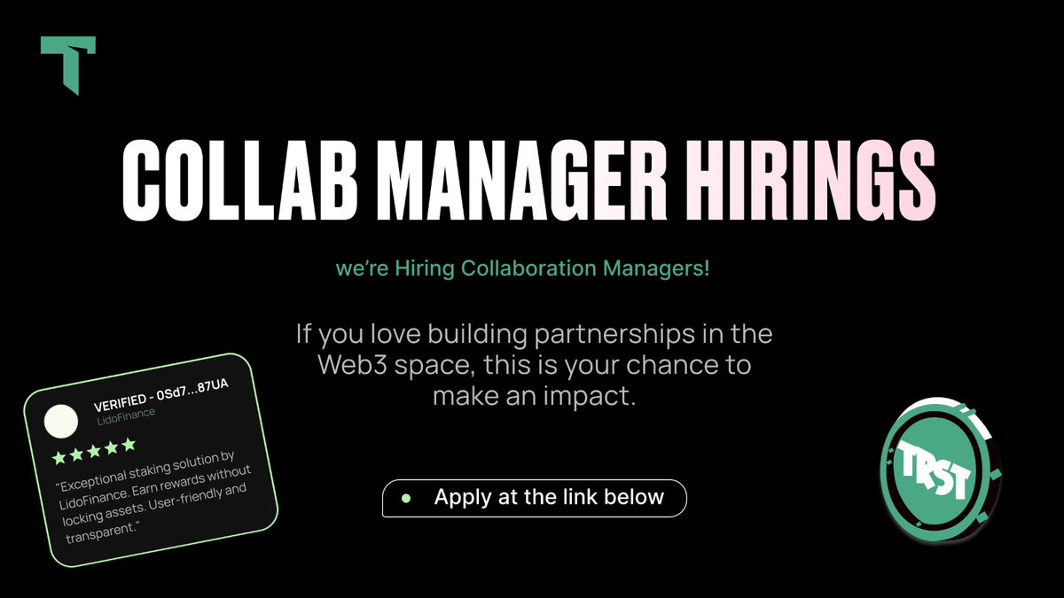 trusty_fi's tweet photo. 🚀 We’re Hiring Collaboration Managers!

TrustyFi is expanding, and we’re looking for passionate individuals to join our team! 🌐 If you love building partnerships in the Web3 space, this is your chance to make an impact.

✅ What we’re looking for:
•Strong communication skills
•Understanding of Web3 ecosystems
•Enthusiasm for collaboration and growth

💼 What’s in it for you?
•Nice compensation
•Opportunity to work with a leading DeFi project
•Build meaningful connections in the Web3 space

📋 Ready to join? Fill out the form to apply: https://t.co/WxBTK7q6jJ

🌟 Let’s shape the future of DeFi together!

#Web3 #CryptoJobs #DeFi