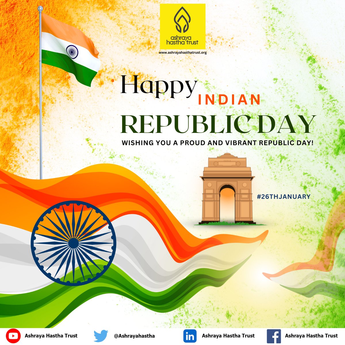 Happy Republic Day! 

Republic Day reminds us of the power of unity in diversity, the strength of democratic values, and our shared responsibility to uphold the ideals of our Constitution. 
#HappyRepublicDay #January26 #AshrayaHasthaTrust