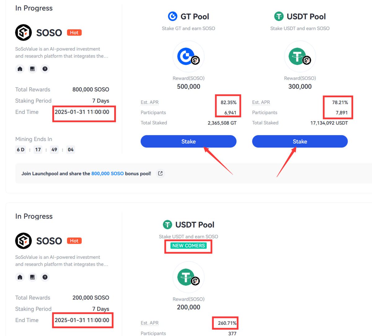 Earn $SOSO with <a href="/gate_io/">Gate.io</a> Launchpool!  

📢 Two reward pools available:  

1. Stake $GT &amp; $USDT to earn 1M $SOSO, 80% APR.  
👉 gate.io/launchpool/183  

2. Stake $USDT (new users), 260% APR.  
👉 gate.io/launchpool/SOS…  

Join here👇

gate.io/signup/AwJCUFg…