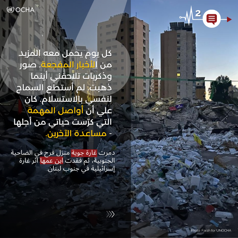 OCHALebanon's tweet photo. أثناء تصاعد الأعمال العدائية في #لبنان، بذل العاملون في المجال الإنساني جهودًا استثنائية لمساعدة الآخرين، في ظل ظروف مليئة بالتحديات الشخصية وبنقص التمويل والموارد. 

ورغم هذه الصعوبات، تمكنوا من الوصول إلى أكثر من 800 ألف شخص وتقديم المساعدات الطارئة لهم.

طالعوا قصصهم ✏️⤵️: