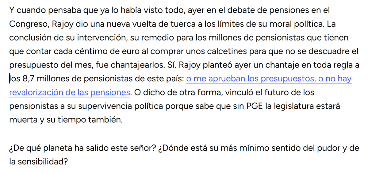 KRLS's tweet photo. Es veu que fer xantatge amb les pensions per colar mesures inacceptables només ho fa el PP... 
El PSOE (a l'oposició, és clar) escrivia que el president del govern espanyol "planteja un xantatge en tota regla: o m'aproveu els pressupostos o no hi ha revalorització de les pensions".
I l'actual president del Govern espanyol ho compartia entusiasmat. Ara li dius que aplica el mateix xantatge i et respon amb aquella típica frase que sempre tenen a punt els de la superioritat moral: "ara és diferent".
No és diferent; és el mateix. Fer servir les persones per als seus jocs electoralistes ofèn al pudor i a la sensibilitat, com denunciava encertadament aquest parlamentari del PSOE.