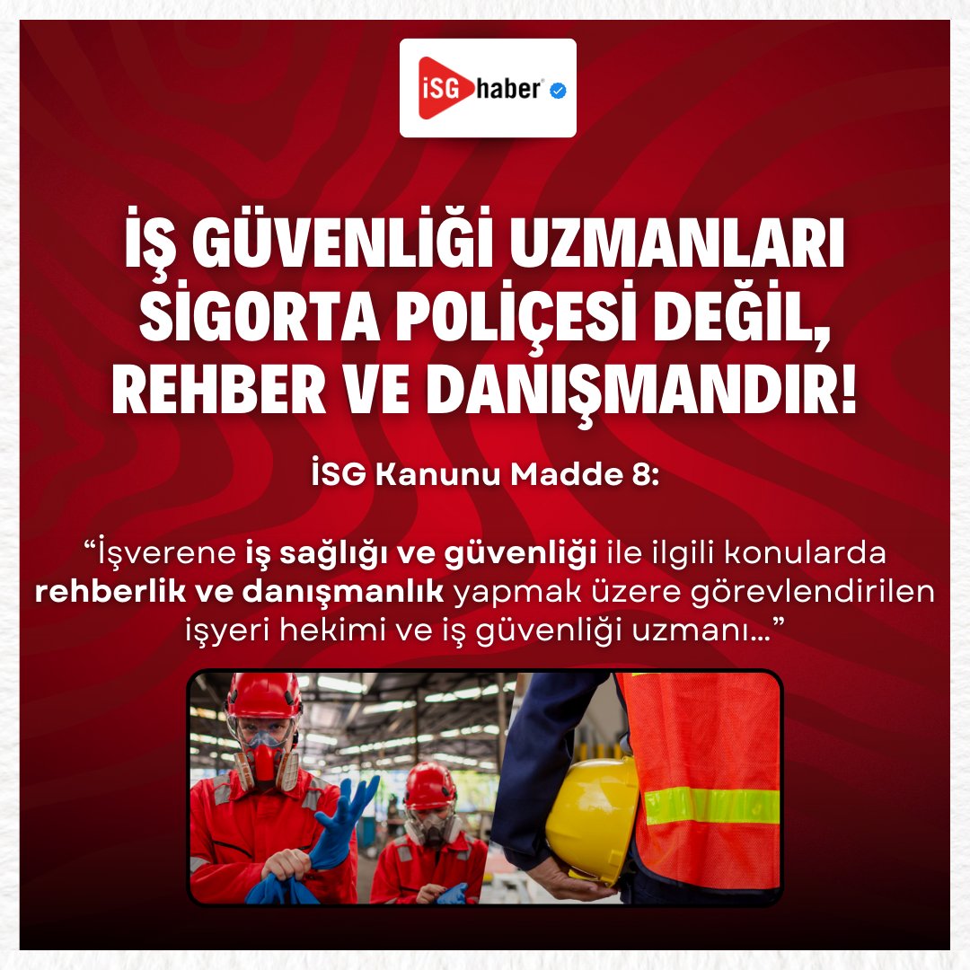 İŞ GÜVENLİĞİ UZMANLARI SİGORTA POLİÇESİ DEĞİL, REHBER VE DANIŞMANDIR! 

İSG Kanunu Madde 8:

“İşverene iş sağlığı ve güvenliği ile ilgili konularda rehberlik ve danışmanlık yapmak üzere görevlendirilen işyeri hekimi ve iş güvenliği uzmanı…”

👉🏻 isghaber.com.tr

#isghaber