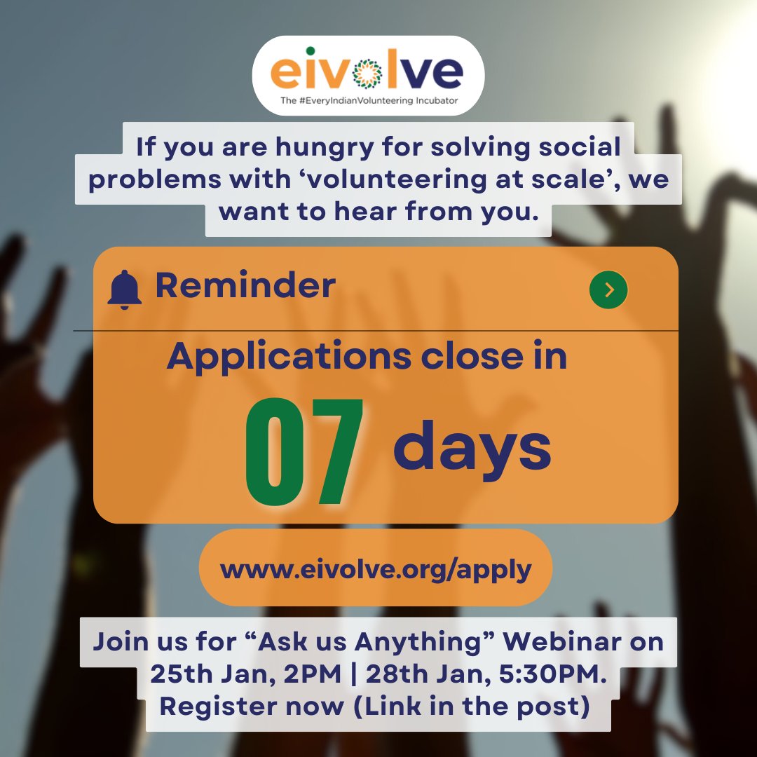 Eivolve.org is organising a webinar on 25th Jan and 28th Jan. Choose your preferred slot here: lnkd.in/gSvnQWde
We'll send you a zoom link on your email.