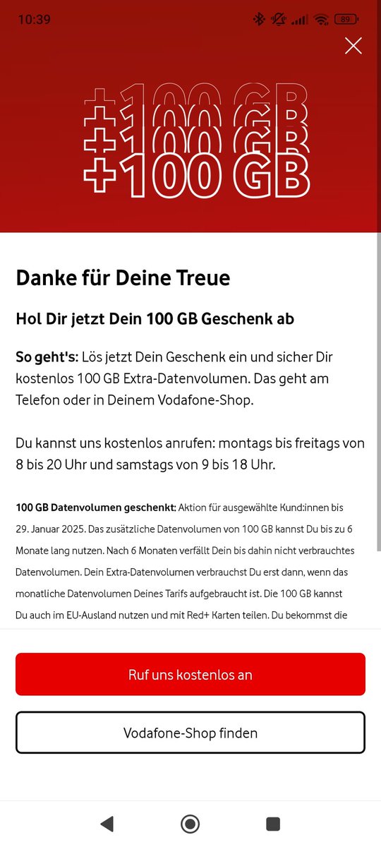 DavidEngemann's tweet photo. In der @vodafone_de App steht ich bekomme als Treuevorteil 100GB Treue-Vorteil. 

Ich rufe an. 

"Das kann ich ihnen nur mit einer Vertragsverlängerung anbieten
 Ansonsten bin ich wohl der falsche Ansprechpartner."

OK, danke für nichts.

Ziemlich irreführende Werbung!?
#vodafone https://t.co/mDtN4ki2Xd