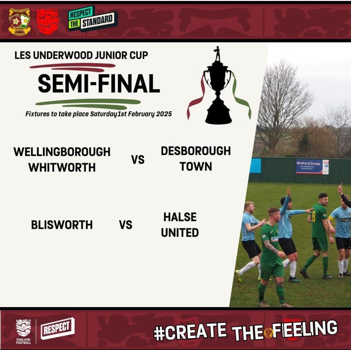 With last weeks quarter final win, the draw for the semi final of the Les Underwood Junior cup has been made🏆

Halse will travel to <a href="/FcBlisworth/">Blisworth FC</a> on Saturday 1st February

#UpTheHalse⬛️⬜️