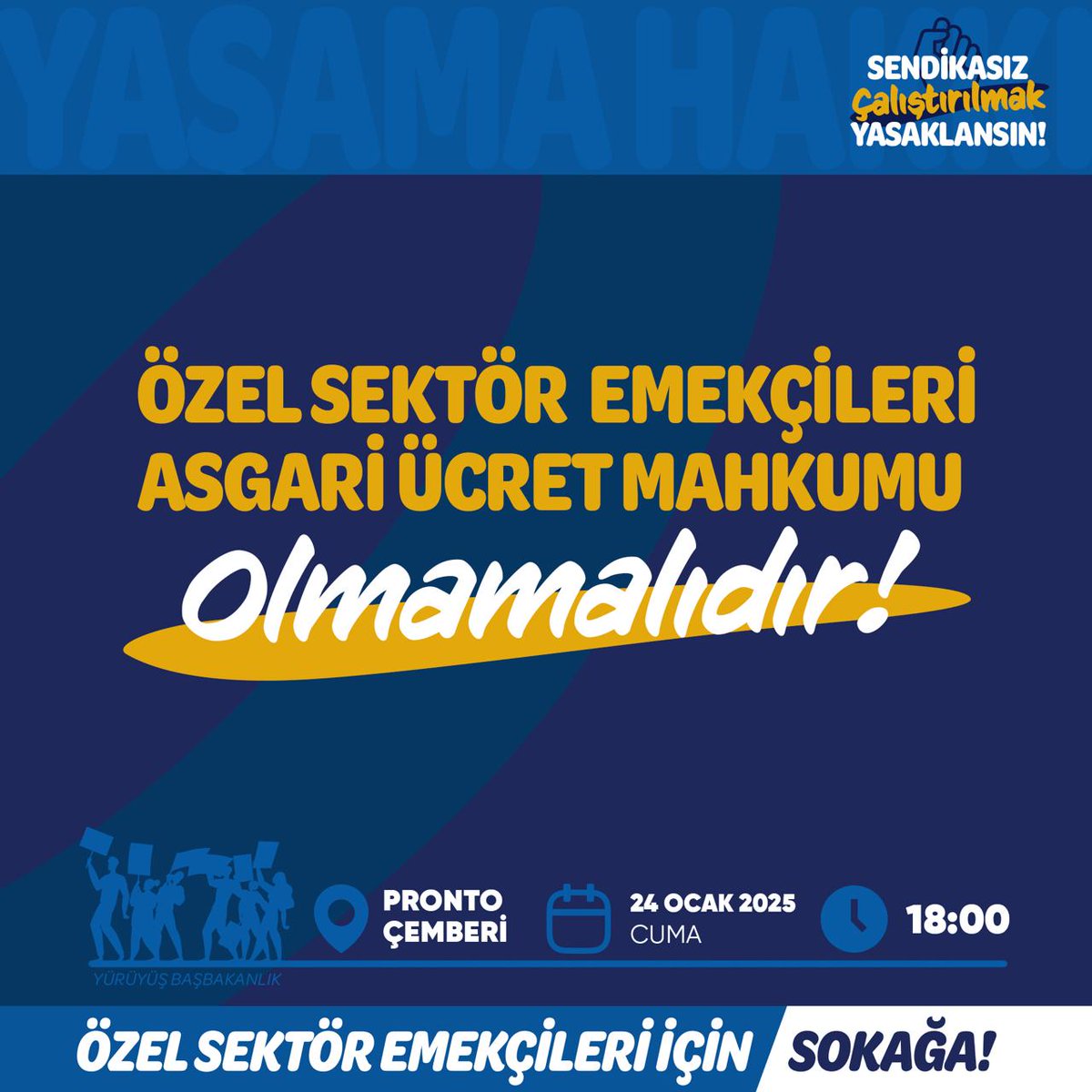 Hade sokağa!
Özel sektör emekçileri asgari ücret mahkumu olmamalıdır!

Sendikasız çalıştırılmak yasaklansın talebiyle, sendikalar olarak özel sektör emekçilerinin haklarını görünür kılmak için sokağa çıkıyoruz!

📅 24 Ocak 2025, Cuma ⏰ 18.00 📍Pronto Çemberi