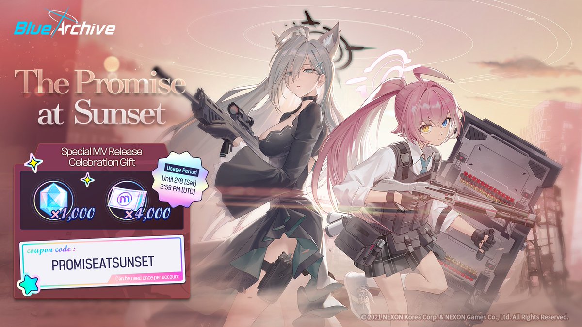EN_BlueArchive's tweet photo. [Celebratory coupon gift for the MV release!]

To celebrate the release, we’ve prepared a special coupon for you that can be exchanged for Pyroxenes and Proficiency Certificates. Don’t forget to check it out~!

➡️Official Youtube: https://t.co/eQGo4slNcj
🗓️Use Period: Until 2/8 (Sat), 2:59 PM (UTC)
➡️View Details: https://t.co/TY1IJ5TTMX

#BlueArchive