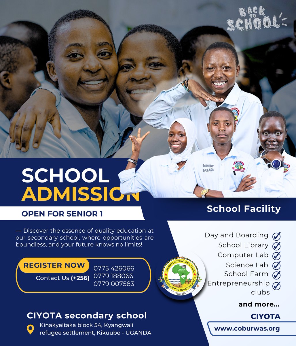 ciyotaofficial's tweet photo. 🎓 Admissions Open for Senior 1 – 2025!
Discover the essence of quality education at CIYOTA Secondary School! Unlock boundless opportunities and shape a future without limits. 

📅 Enroll Now | 🌍 Empowering Leaders and Entrepreneurs of Tomorrow https://t.co/kAo9T9Me6R