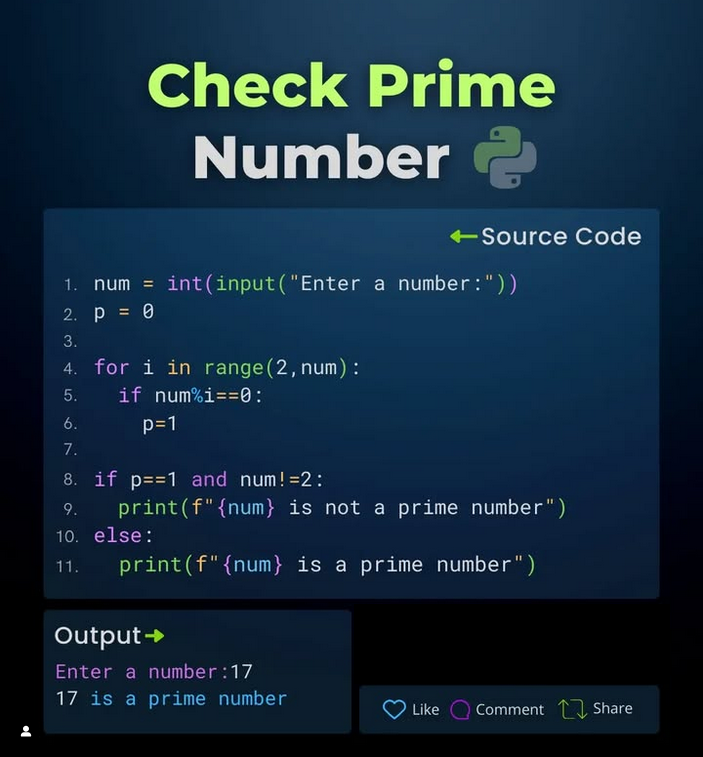 PythonDvz's tweet photo. Python program to check prime number using for loop

#python #programming #developer #programmer #coding #coder #softwaredeveloper #computerscience #webdev #webdeveloper #webdevelopment #pythonprogramming #pythonquiz #ai #ml #machinelearning #datascience https://t.co/T8Ow1iMZIk