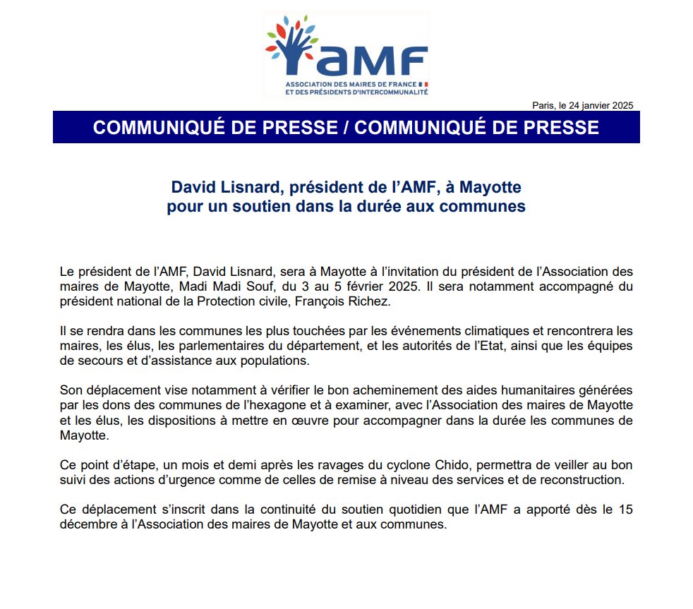 🔴[COMMUNIQUÉ DE PRESSE]
David Lisnard, président de l'AMF, à Mayotte pour un soutien dans la durée aux communes

Ce point d'étape, un mois et demi après les ravages du cyclone Chido, permettra de veiller au bon suivi des actions d'urgence comme de celles de remise à niveau des