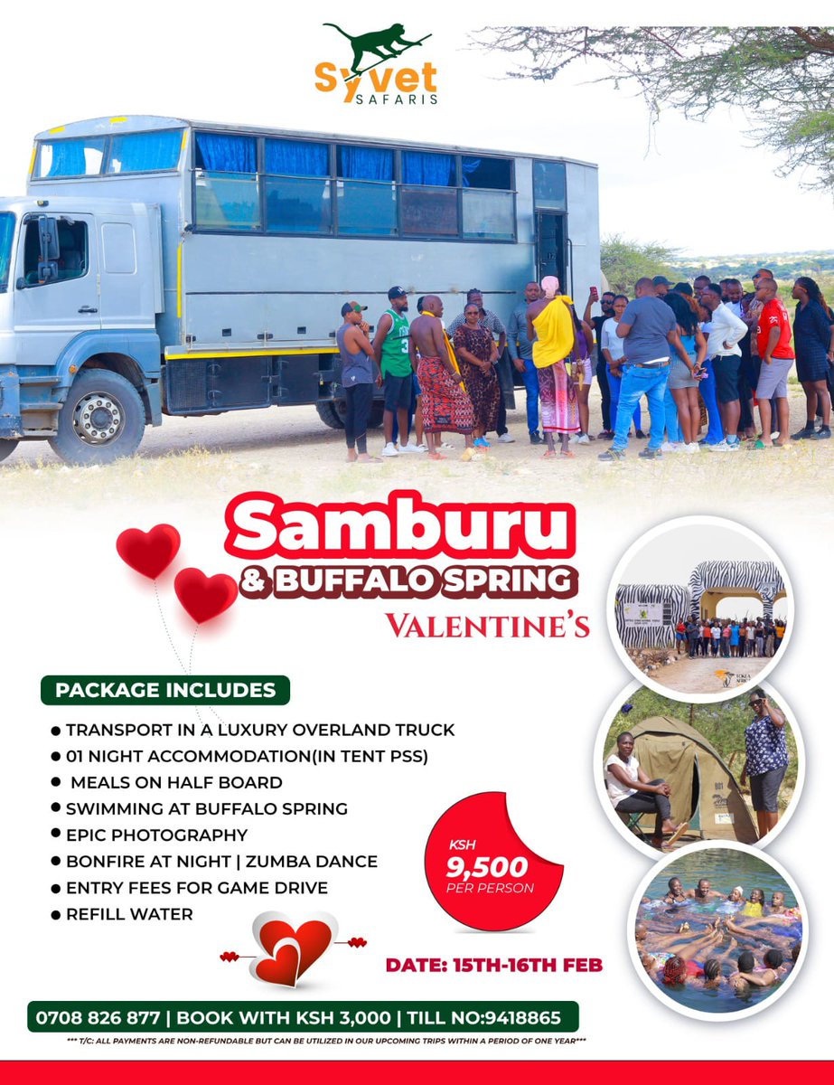 Share a moment with you love in the wilderness of Samburu and Bufallo Springs. 

This Valentine's Day, we've got the plan for you. 

Talk to me via DM or call/WhatsApp 0752295775
<a href="/SyvetSafaris/">Syvet Safaris</a>