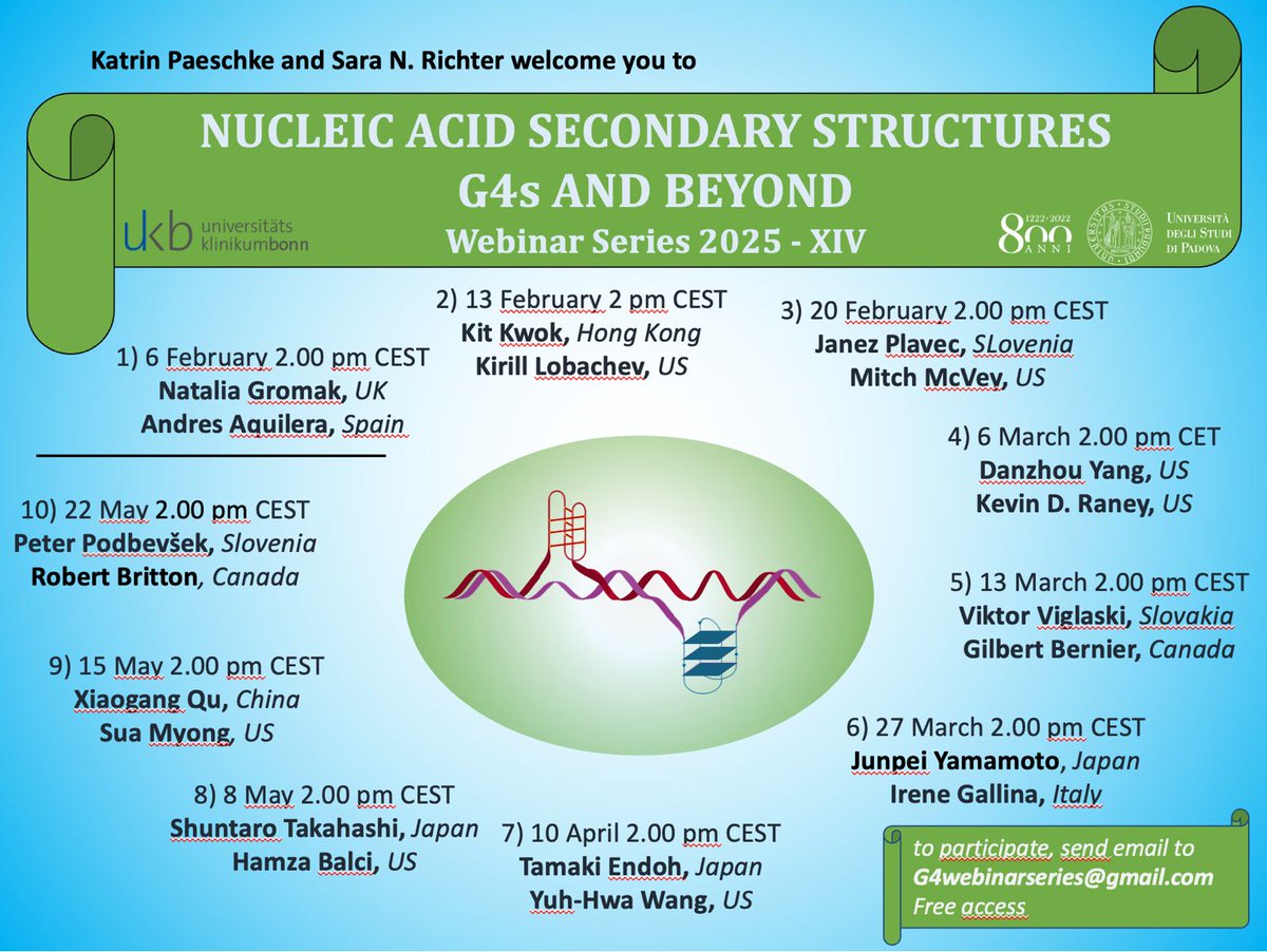 RichterLab Unipd (@richterlabunipd) on Twitter photo Ready to kick off in two weeks with the new round of #G4WebinarSeries!
Twenty outstanding speakers from around the globe will guide us through the fascinating world of #NonBDNA
Don't miss this opportunity for learning and networking! 🧬🌍🔬
<a href="/SaraNRichter_/">Sara N. Richter</a> <a href="/paeschkeLab/">Katrin Paeschke</a> Ready to kick off in two weeks with the new round of #G4WebinarSeries!
Twenty outstanding speakers from around the globe will guide us through the fascinating world of #NonBDNA
Don't miss this opportunity for learning and networking! 🧬🌍🔬
<a href="/SaraNRichter_/">Sara N. Richter</a> <a href="/paeschkeLab/">Katrin Paeschke</a>