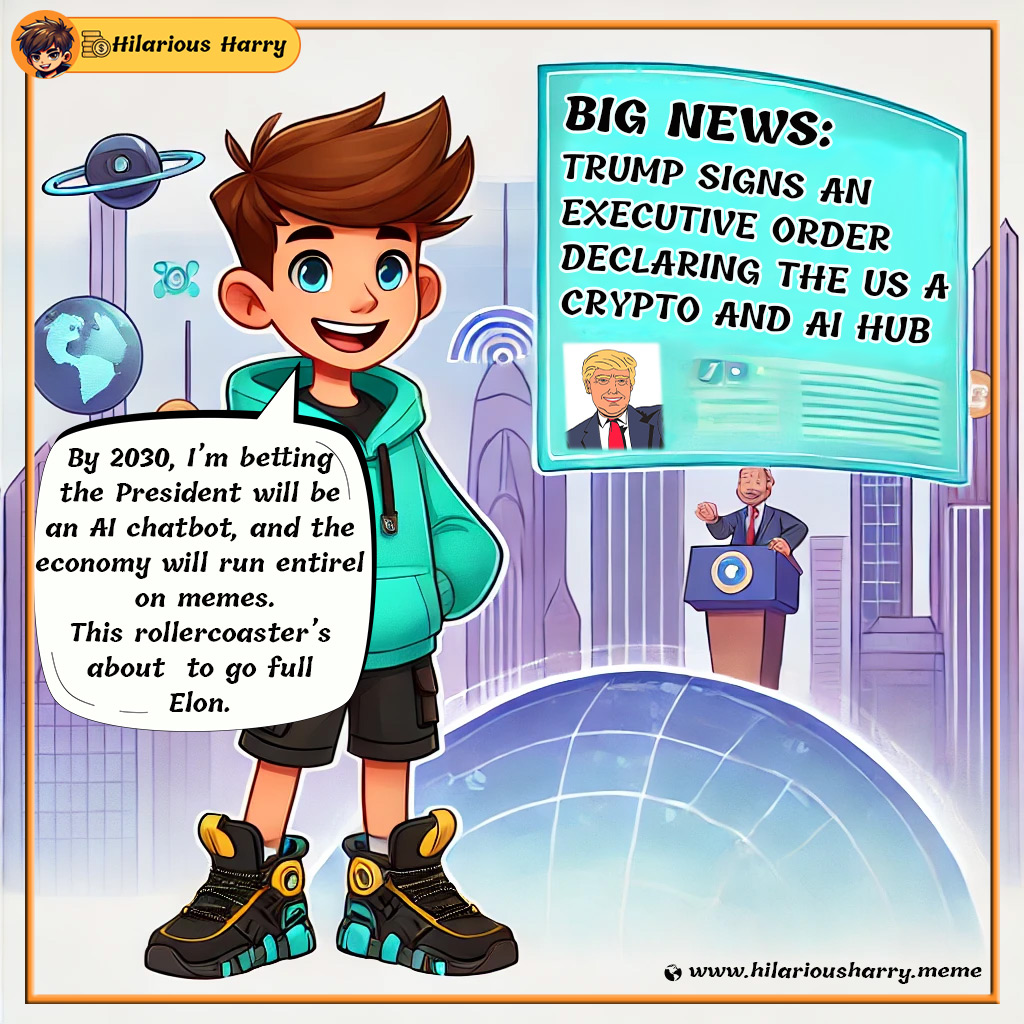 Harry1949231's tweet photo. 🚨 BIG NEWS: #Trump signs an executive order declaring the #US a #Crypto and #AI hub.

Harry: By 2030, I’m betting the President will be an #AIchatbot, and the economy will run entirely on #memes. 😂 This rollercoaster’s about to go full #Elon. 🎢🙃"

TG: https://t.co/exQTDeEf3G
.
.
.
.
#HilariousHarry #HIHA #MemeCommunity #MemeLife #HilariousMemes #SarcasmMemes #MemeCoin #CryptoMemes #MemeToken #Crypto #CryptoMarket #CryptoCommunity #Roasting #CryptoNews #Entertainment #memecoin100x #memecoin1000x #cryptogem #cryptoinvestor #MemeCoins #MemeCoinSeason #MemesDaily #Trump2025